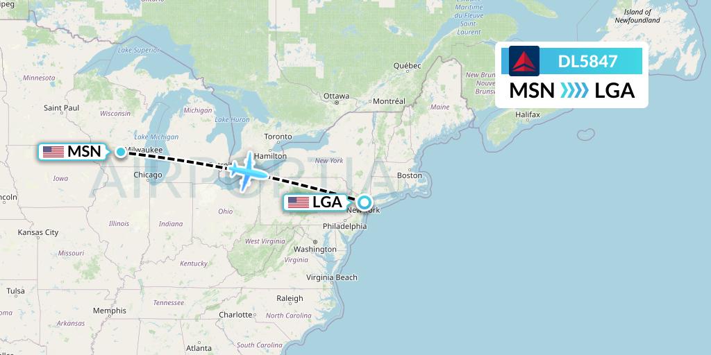 DL5847 Delta Air Lines Flight Map: Madison to New York