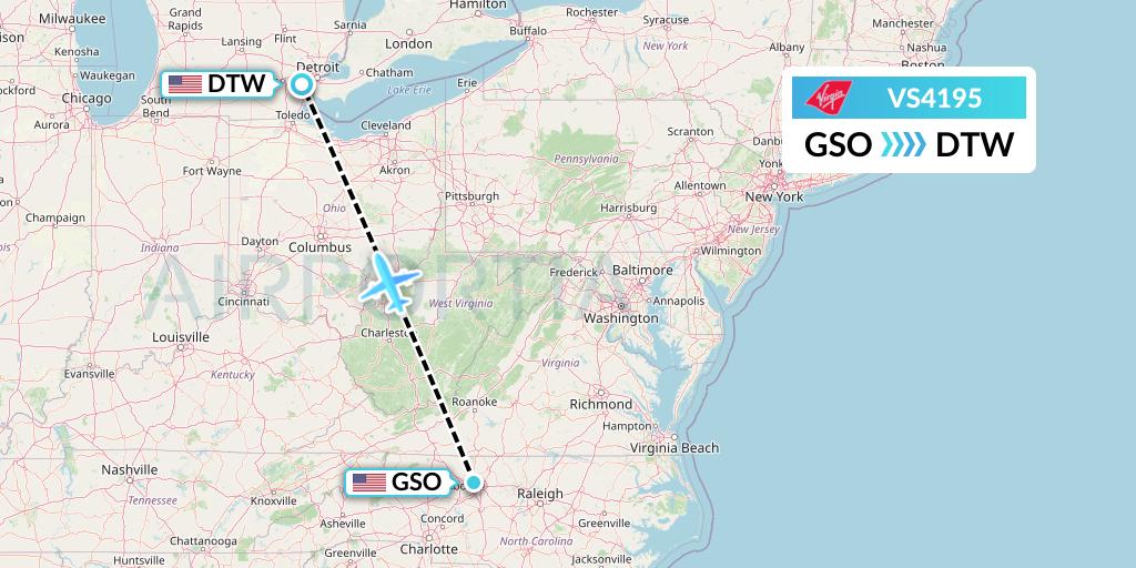 VS4195 Virgin Atlantic Airways Flight Map: Greensboro to Detroit