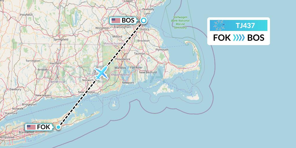 TJ437 Tradewind Aviation Flight Map: Westhampton Beach to Boston