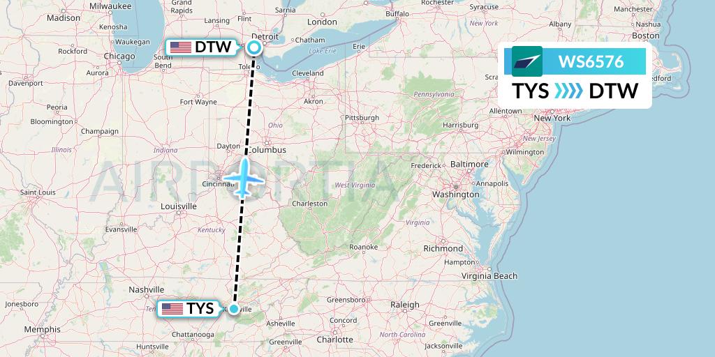 WS6576 WestJet Flight Map: Knoxville to Detroit