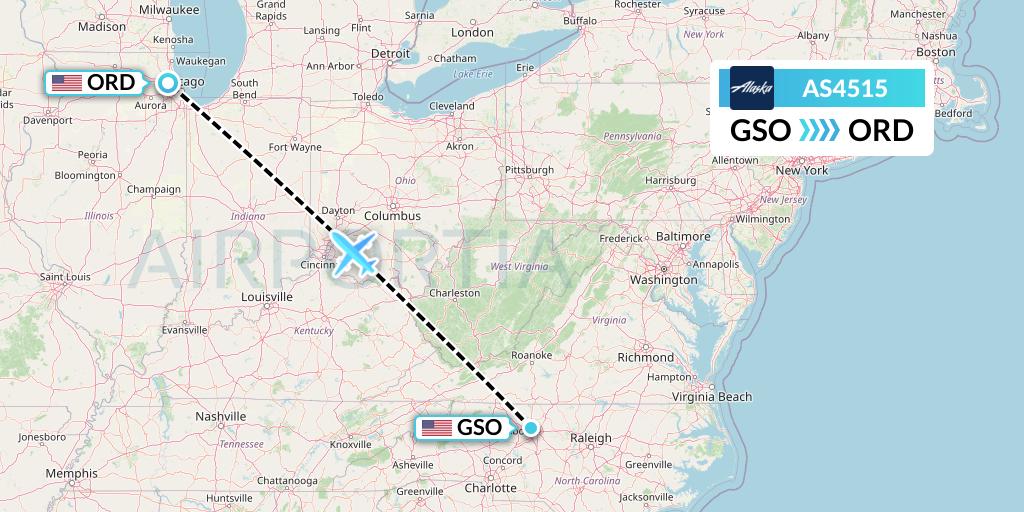 AS4515 Alaska Airlines Flight Map: Greensboro to Chicago