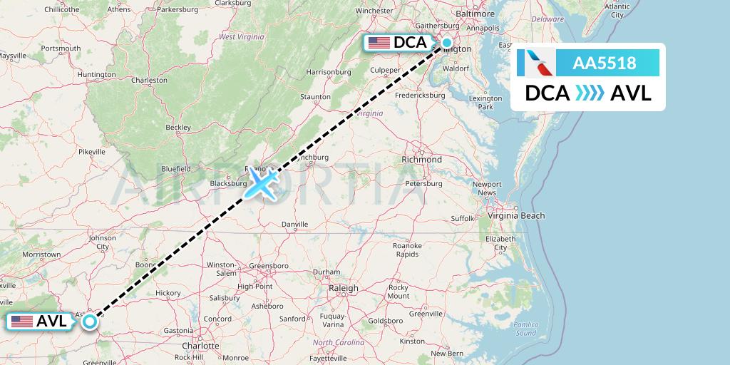 AA5518 American Airlines Flight Map: Washington to Asheville