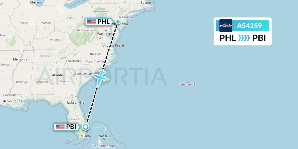 AS4259 Alaska Airlines Flight Map: Philadelphia to West Palm Beach