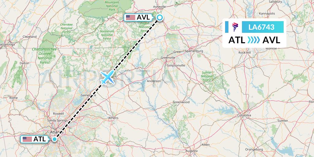 LA6743 LAN Airlines Flight Map: Atlanta to Asheville