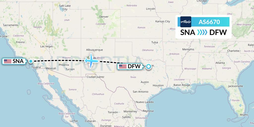 AS6670 Alaska Airlines Flight Map: Orange County to Dallas