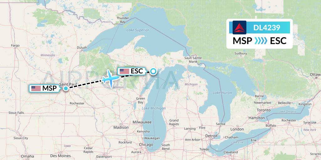 DL4239 Delta Air Lines Flight Map: Minneapolis to Escanaba