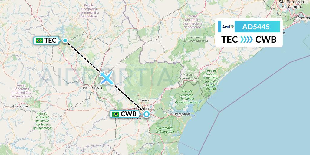 AD5445 Azul Brazilian Airlines Flight Map: Telemaco Borba to Curitiba