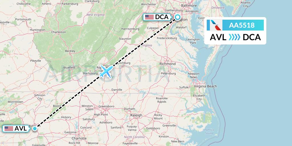 AA5518 American Airlines Flight Map: Asheville to Washington