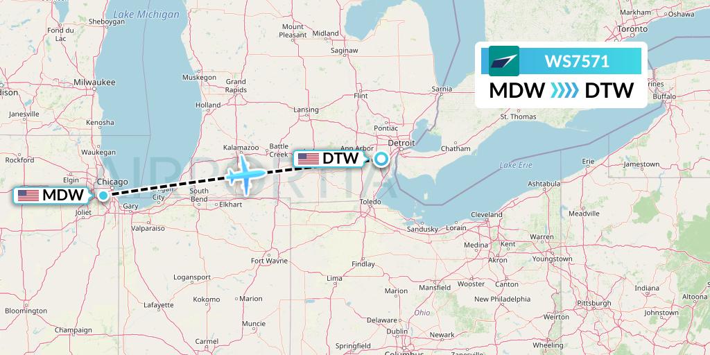 WS7571 WestJet Flight Map: Chicago to Detroit