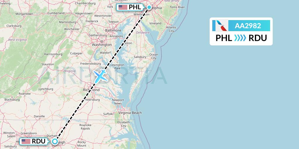 AA2982 American Airlines Flight Map: Philadelphia to Raleigh-Durham