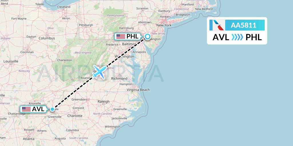 AA5811 American Airlines Flight Map: Asheville to Philadelphia