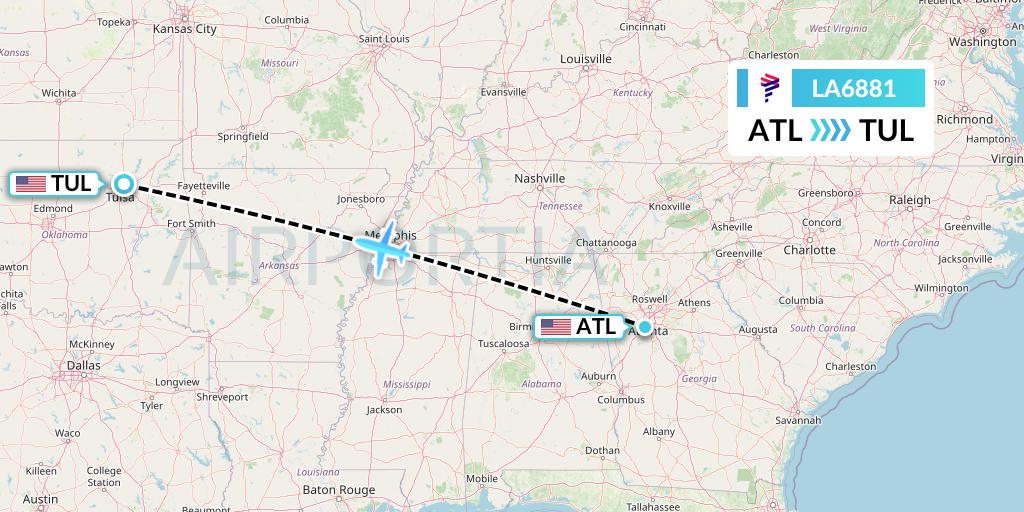 LA6881 LAN Airlines Flight Map: Atlanta to Tulsa