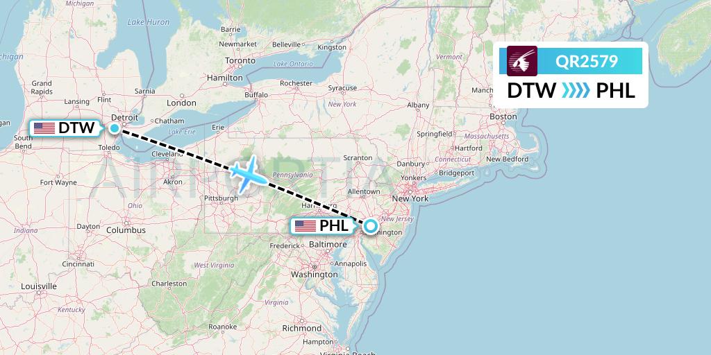 QR2579 Qatar Airways Flight Map: Detroit to Philadelphia