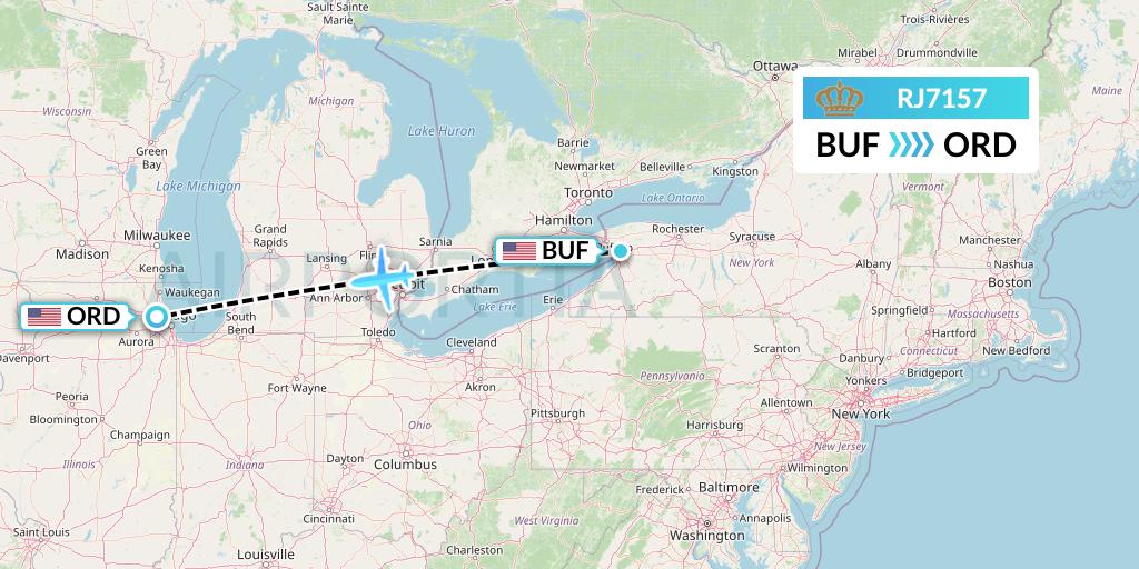 RJ7157 Royal Jordanian Flight Map: Buffalo to Chicago