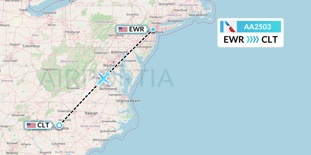 AA2503 American Airlines Flight Map: New York to Charlotte