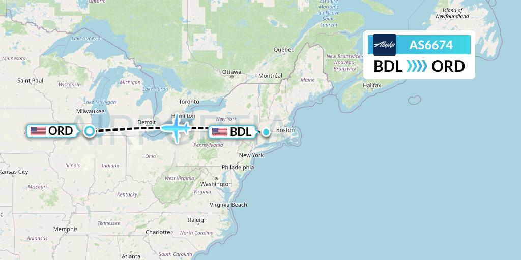 AS6674 Alaska Airlines Flight Map: Windsor Locks to Chicago