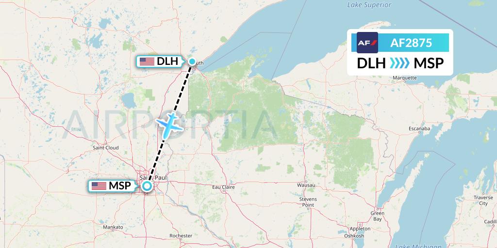AF2875 Air France Flight Map: Duluth to Minneapolis