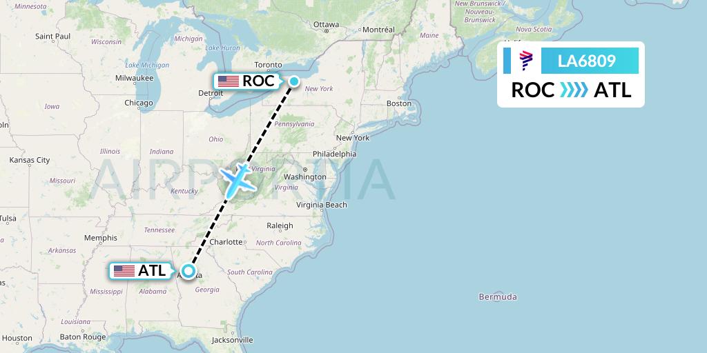 LA6809 LAN Airlines Flight Map: Rochester to Atlanta