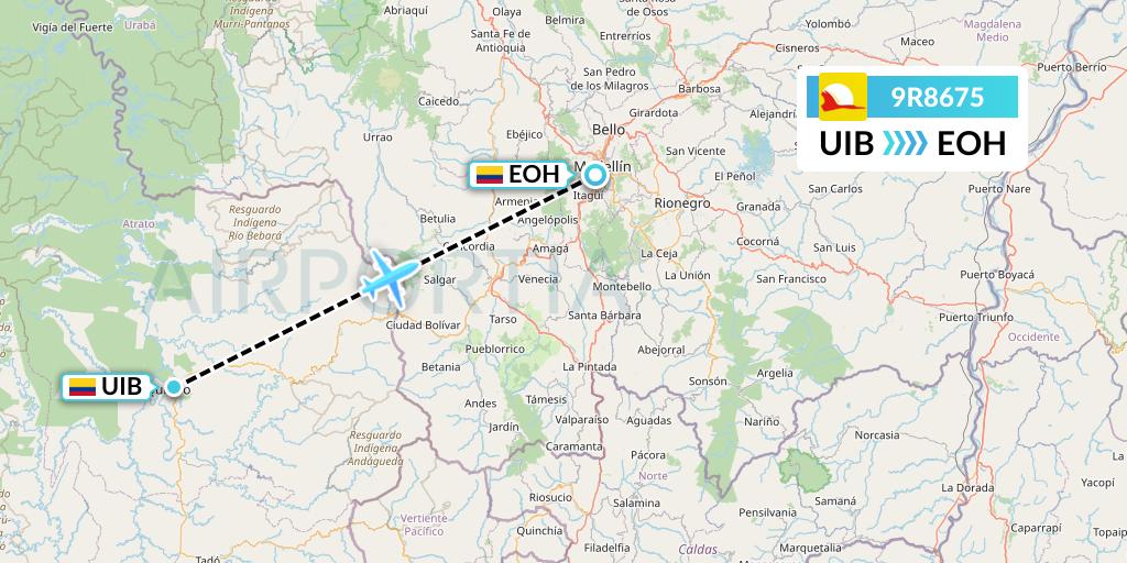 9R8675 Satena Flight Map: Quibdo to Medellin