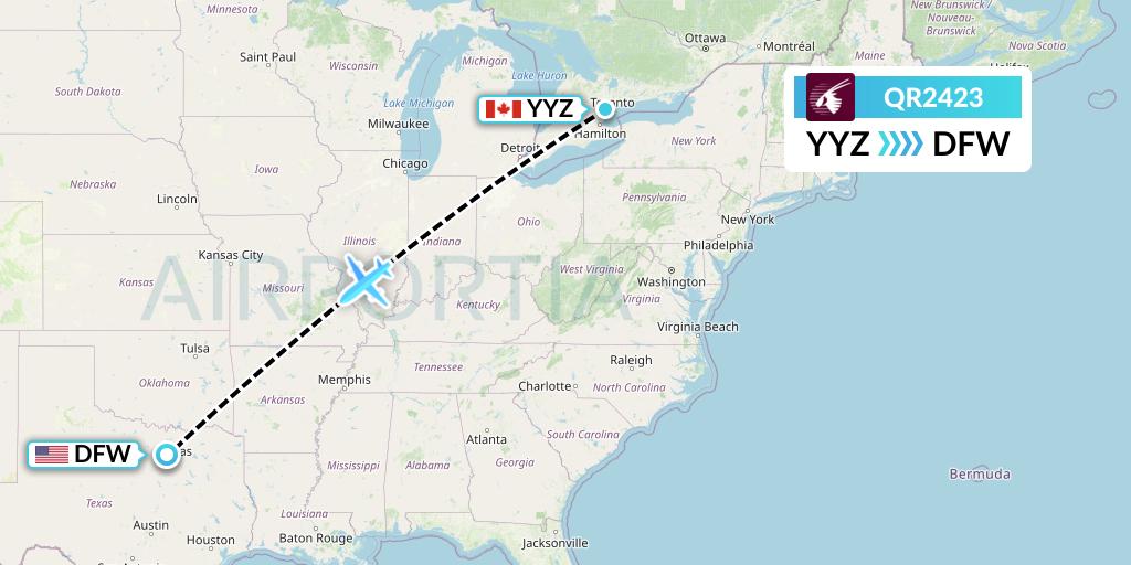 QR2423 Qatar Airways Flight Map: Toronto to Dallas