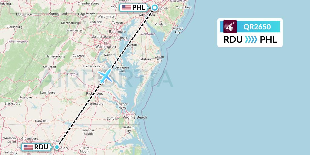 QR2650 Qatar Airways Flight Map: Raleigh-Durham to Philadelphia