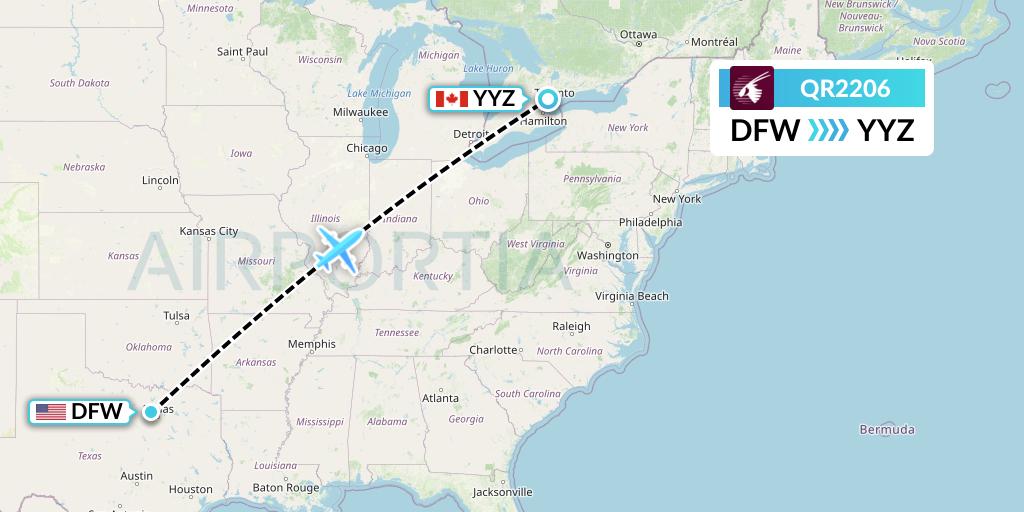 QR2206 Qatar Airways Flight Map: Dallas to Toronto