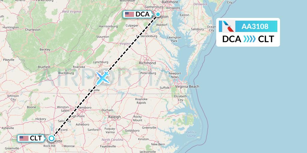 AA3108 American Airlines Flight Map: Washington to Charlotte
