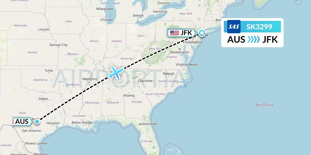 SK3299 SAS Flight Map: Austin to New York