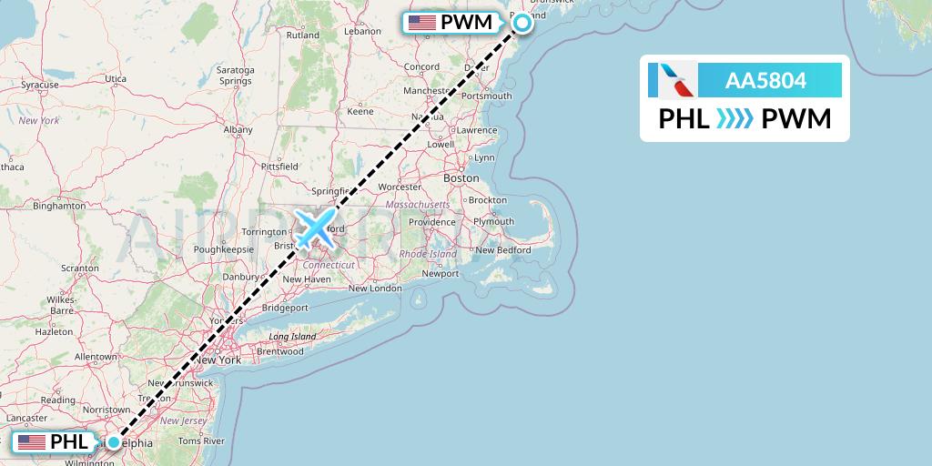 AA5804 American Airlines Flight Map: Philadelphia to Portland
