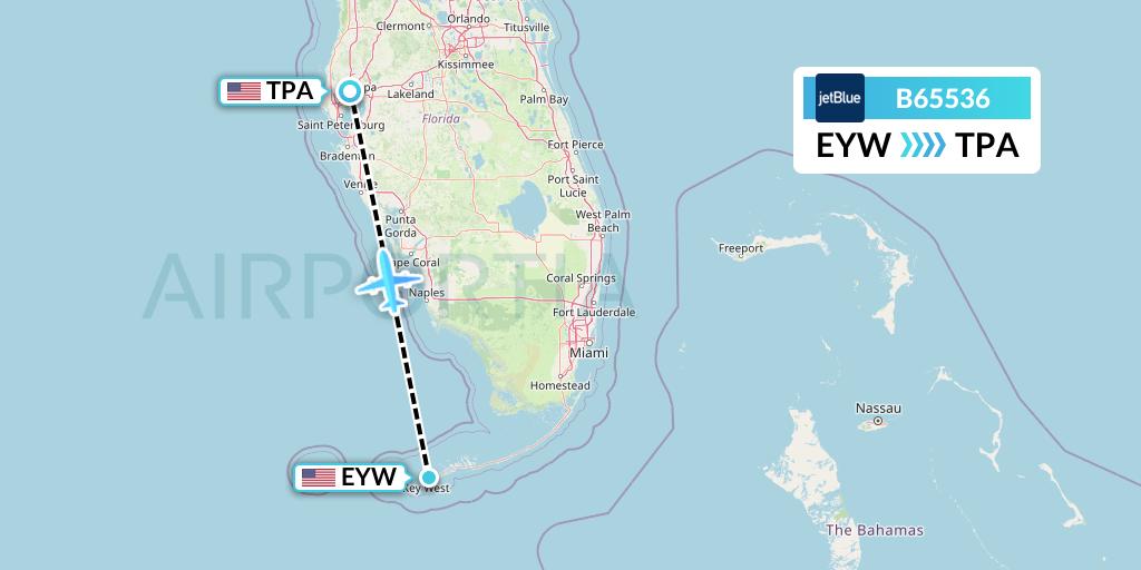 B65536 JetBlue Airways Flight Map: Key West to Tampa