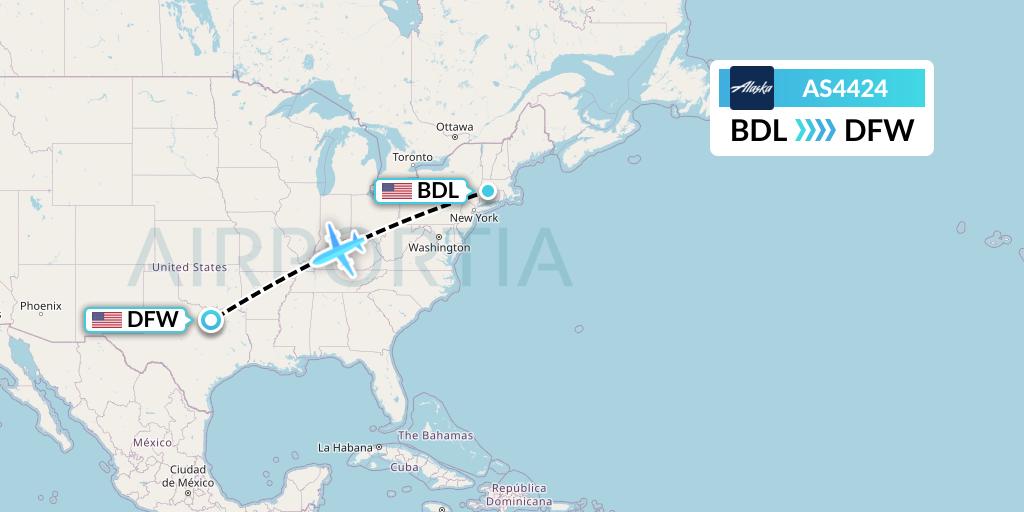 AS4424 Alaska Airlines Flight Map: Windsor Locks to Dallas