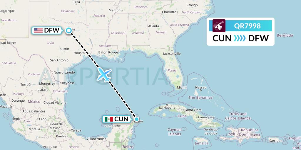 QR7998 Qatar Airways Flight Map: Cancun to Dallas