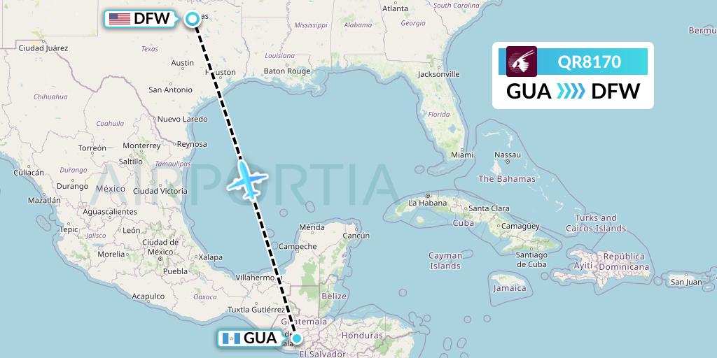 QR8170 Qatar Airways Flight Map: Guatemala City to Dallas