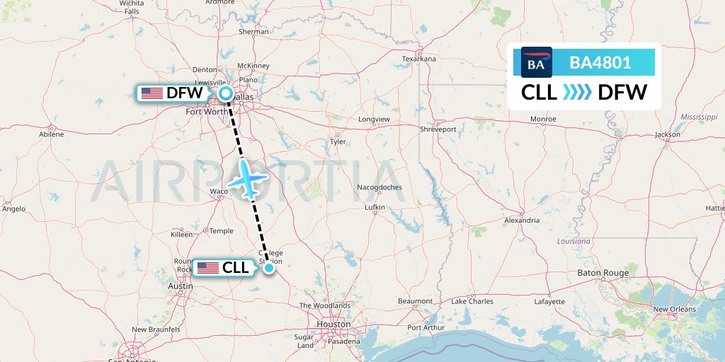 BA4801 British Airways Flight Map: College Station to Dallas