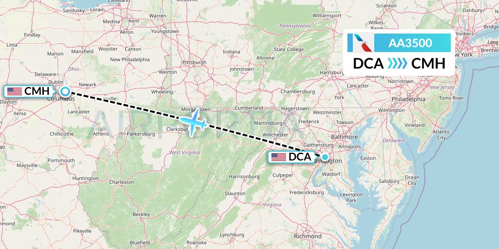 AA3500 American Airlines Flight Map: Washington to Columbus