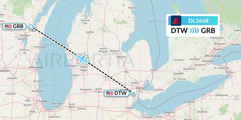 DL3668 Delta Air Lines Flight Map: Detroit to Green Bay