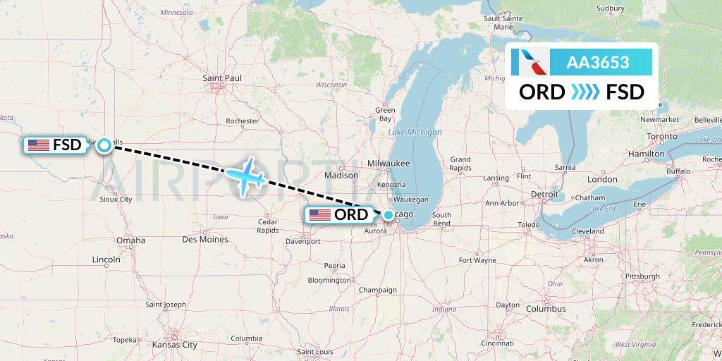 AA3653 American Airlines Flight Map: Chicago to Sioux Falls
