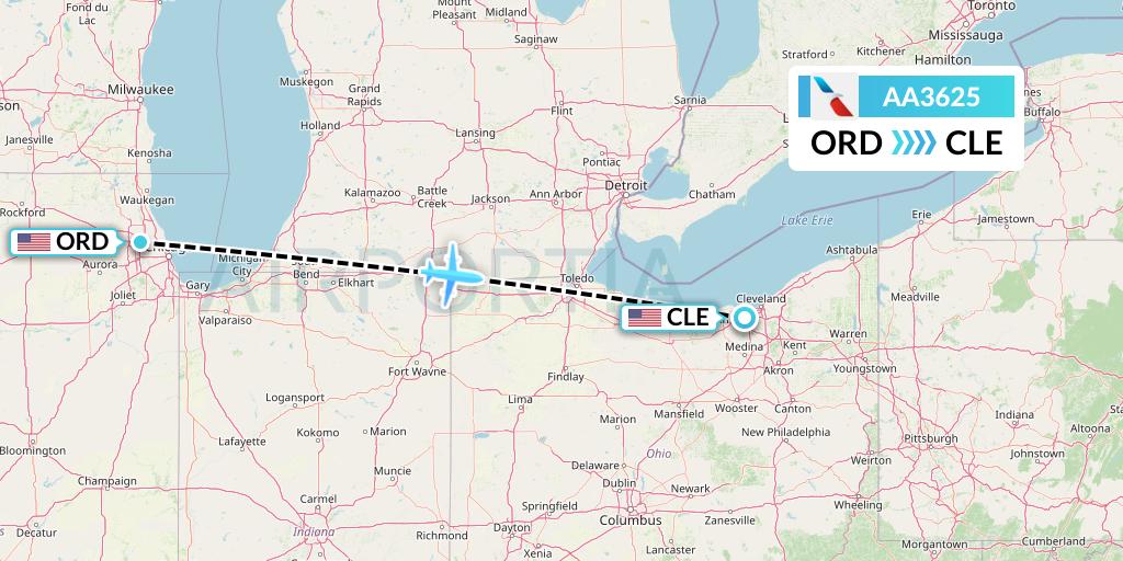 AA3625 American Airlines Flight Map: Chicago to Cleveland