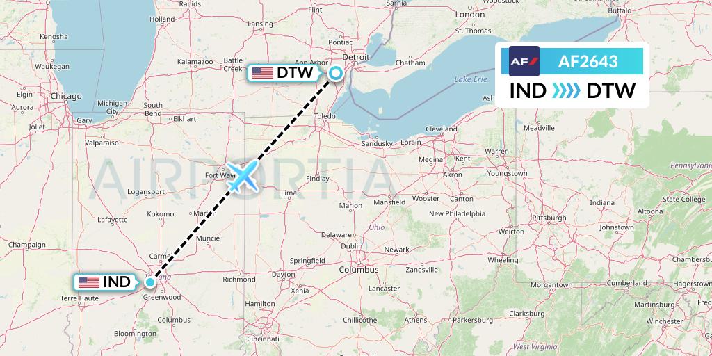 AF2643 Air France Flight Map: Indianapolis to Detroit