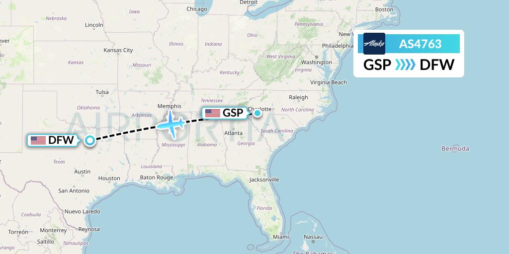 AS4763 Alaska Airlines Flight Map: Greenville-Spartanburg to Dallas