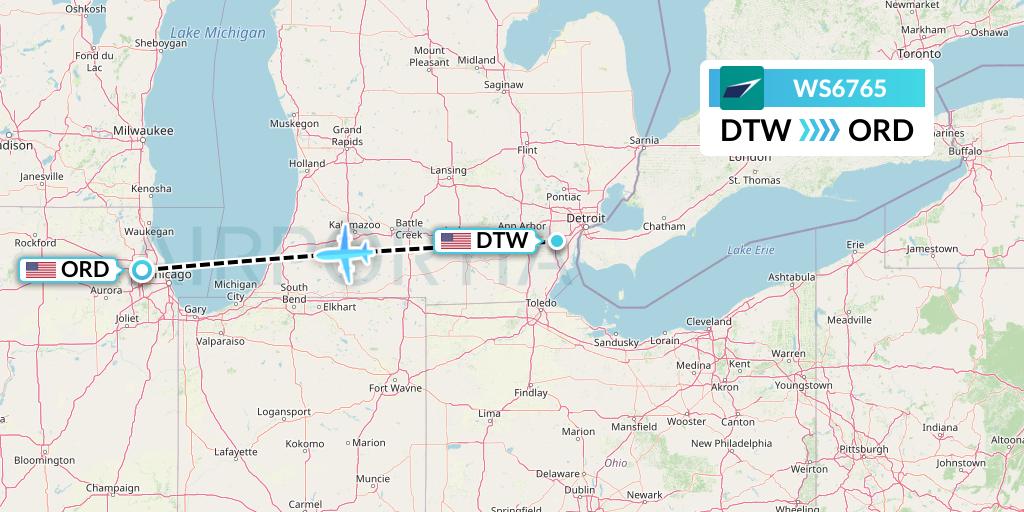 WS6765 WestJet Flight Map: Detroit to Chicago