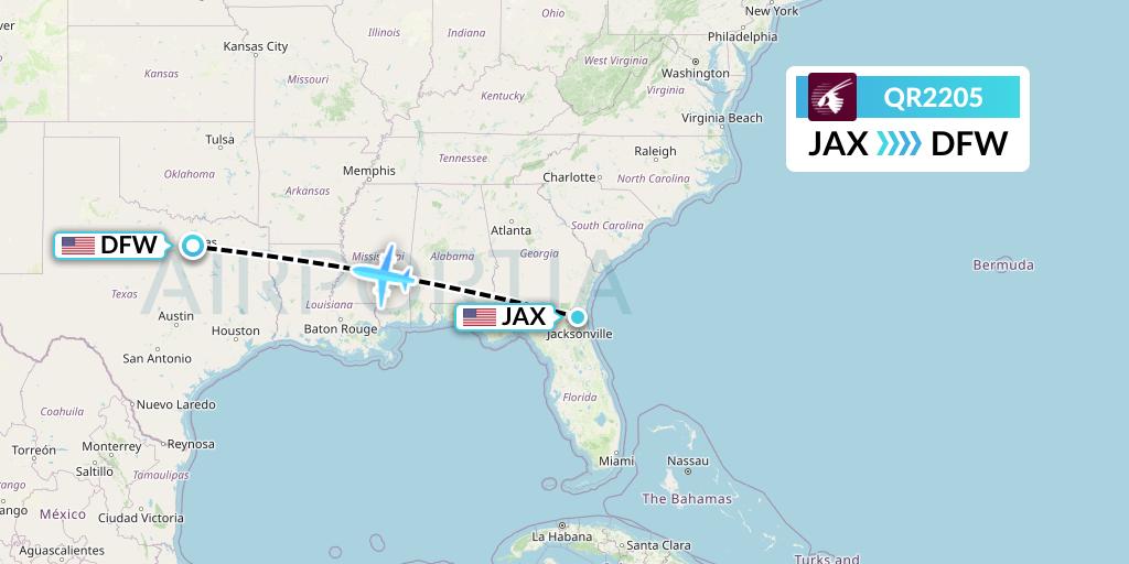 QR2205 Qatar Airways Flight Map: Jacksonville to Dallas
