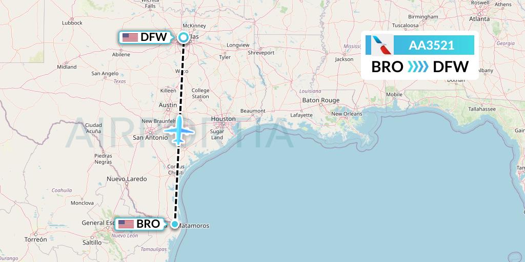AA3521 American Airlines Flight Map: Brownsville to Dallas