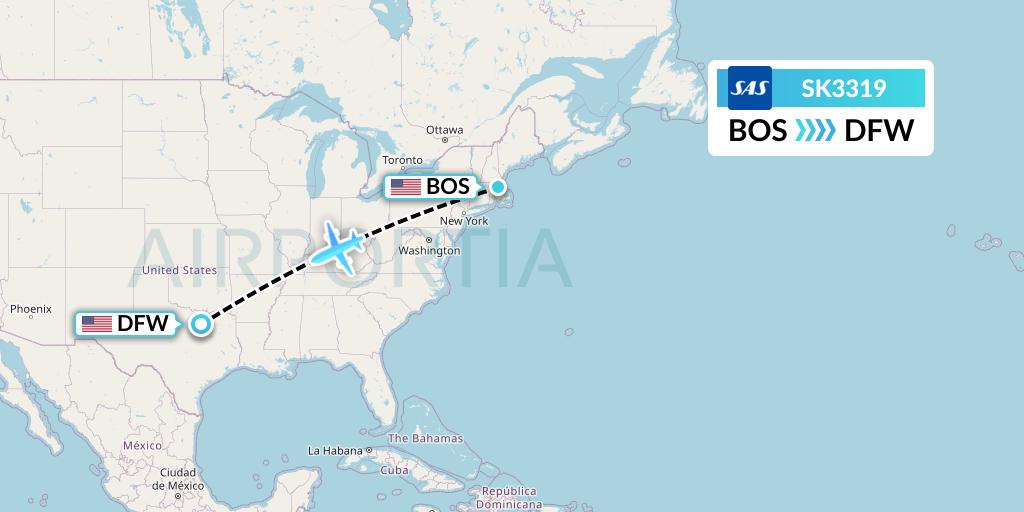 SK3319 SAS Flight Map: Boston to Dallas