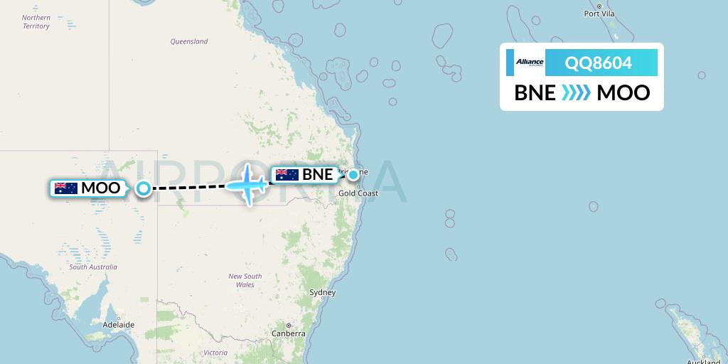 QQ8604 Alliance Airlines Flight Map: Brisbane to Moomba