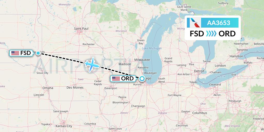 AA3653 American Airlines Flight Map: Sioux Falls to Chicago