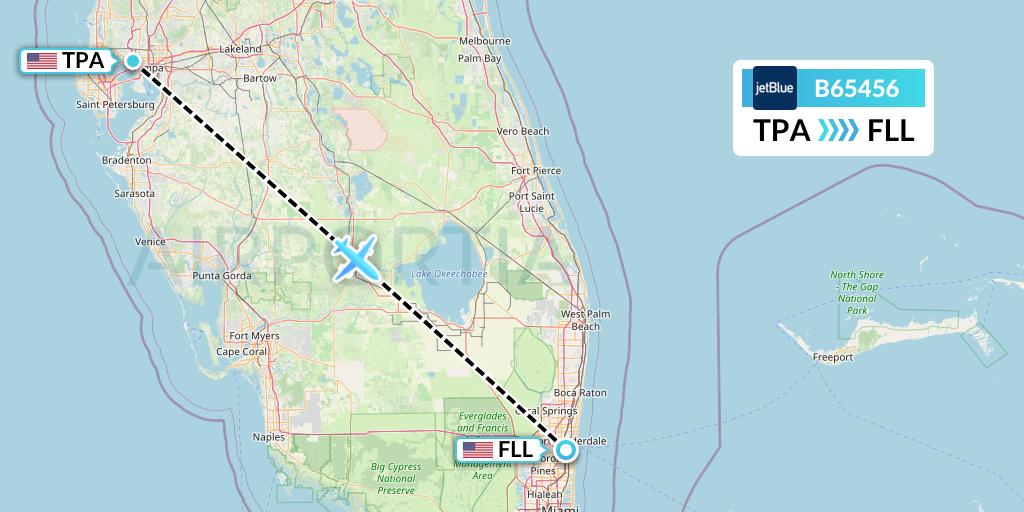 B65456 JetBlue Airways Flight Map: Tampa to Fort Lauderdale