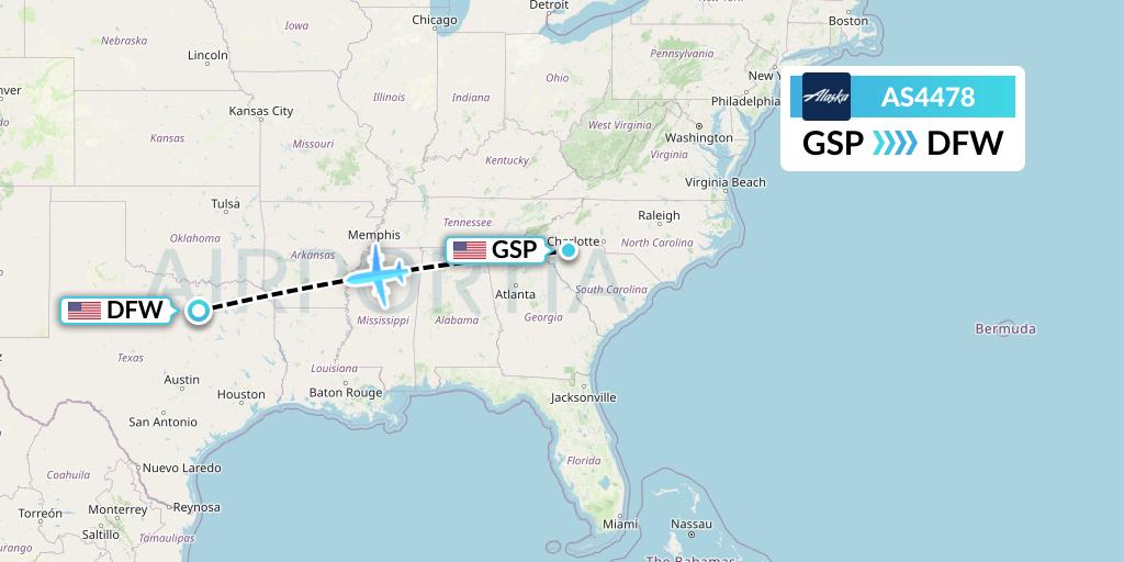 AS4478 Alaska Airlines Flight Map: Greenville-Spartanburg to Dallas