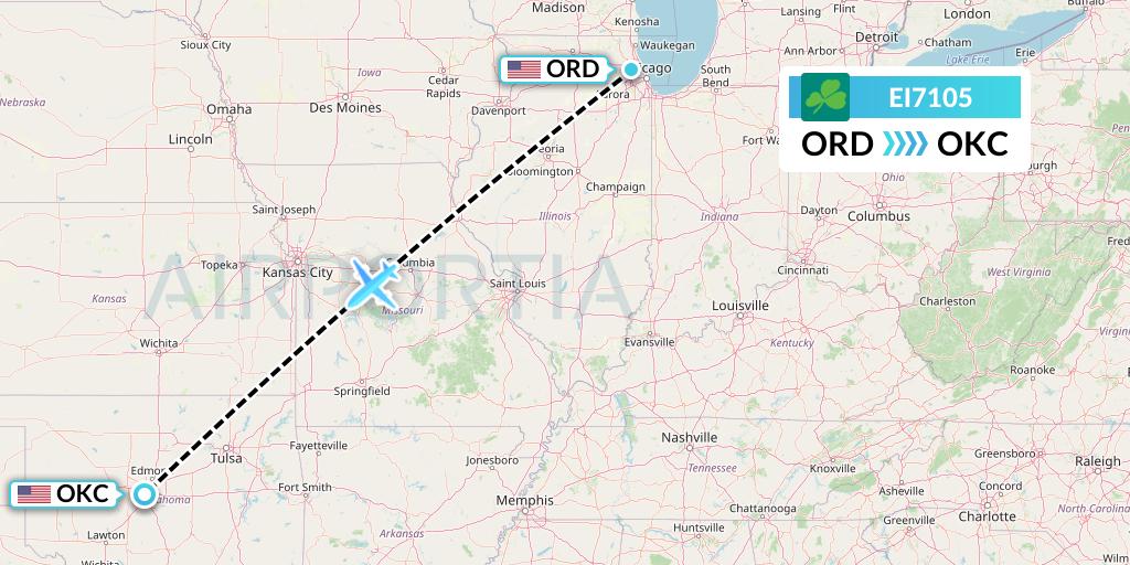 EI7105 Aer Lingus Flight Map: Chicago to Oklahoma City