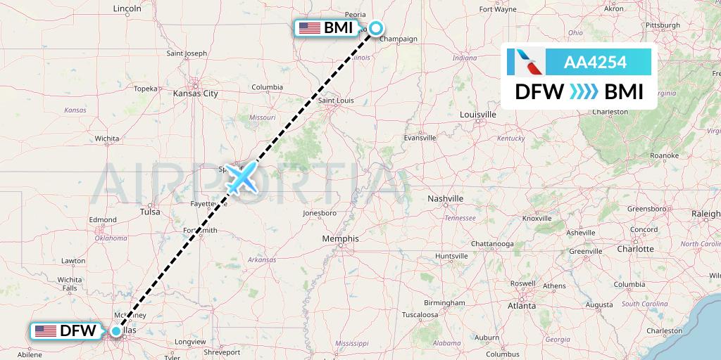AA4254 American Airlines Flight Map: Dallas to Bloomington